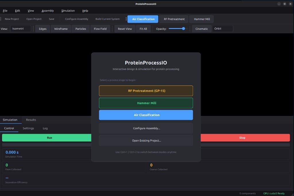 ProteinProcessIO application window showing air classification simulation